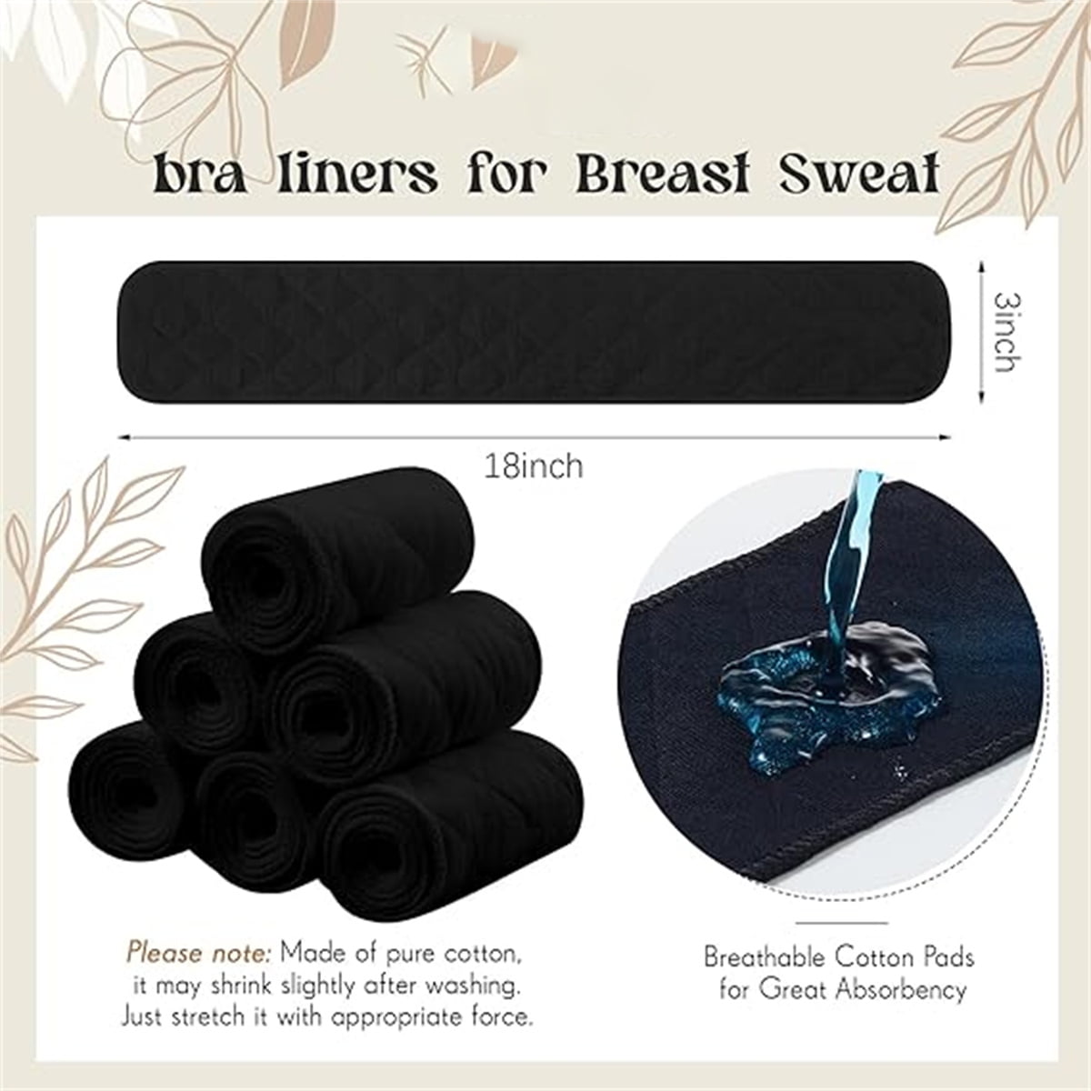 6 Pcs Bra Liners for Sweat,18 × 3 Inch 3 Layer Rectangle Cotton Under Breasts Pads for Women Absorb Sweating,Washable Bra Liners to Absorb Sweat for Women — image 3