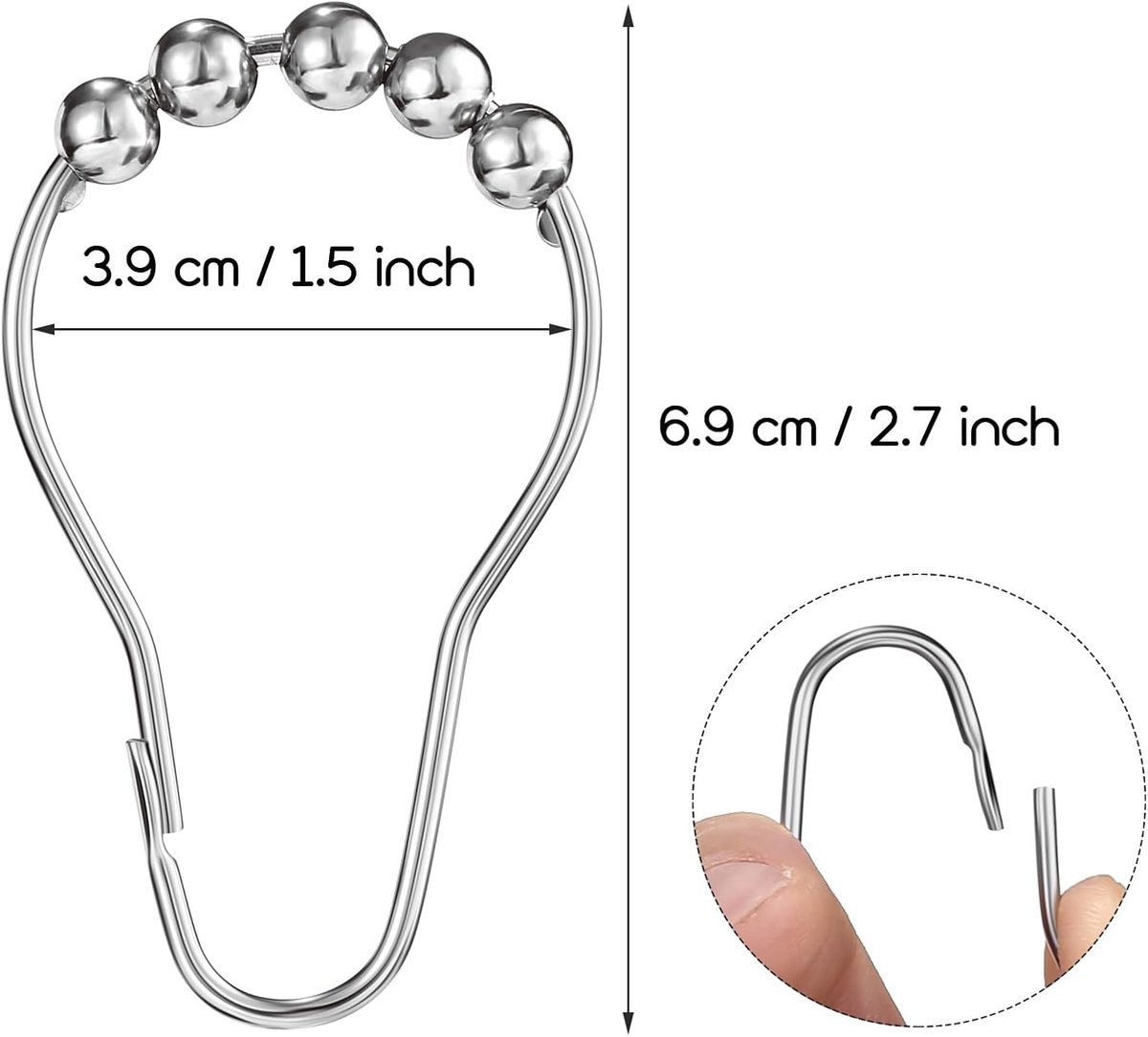 Shower curtain rings - 12 shower curtain rings - Stainless steel sliding hooks - 12 individual hooks - 69 × 39 mm — image 2