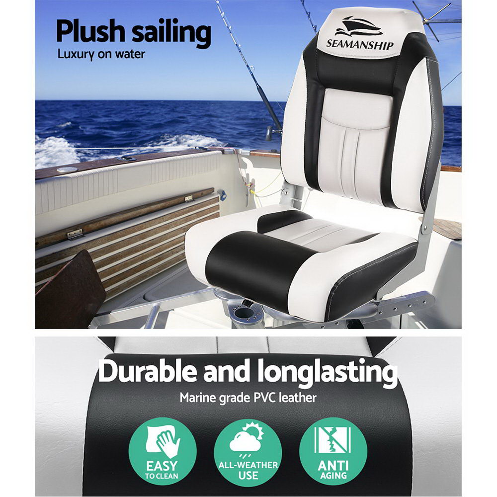 Seamanship 2X Folding Boat Seats Marine Seat Swivel High Back 12cm Padding Grey โ image 4