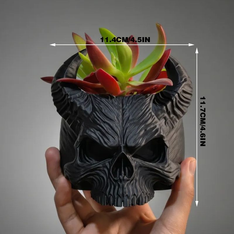 3D-printed horned skull flower pot, succulent plant pot, black โ image 3