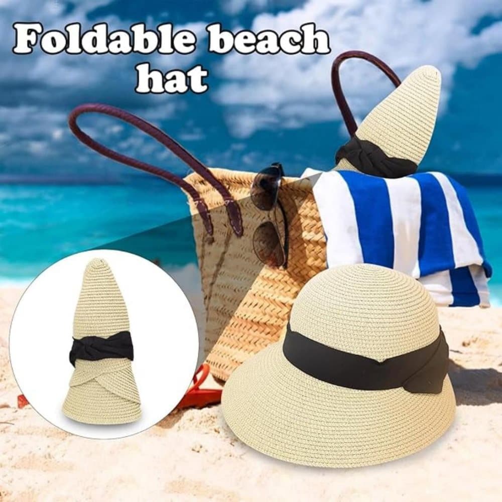 UV-protective Straw Beach Hat Wide Brim Foldable Breathable for Summer Outdoor, Beige — image 4