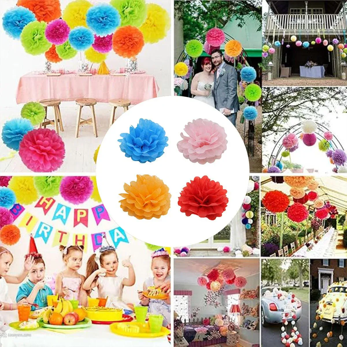 Decorative Paper Flower Balls 10pcs Party Hanging Pom Wedding Event Decor - Red โ image 5
