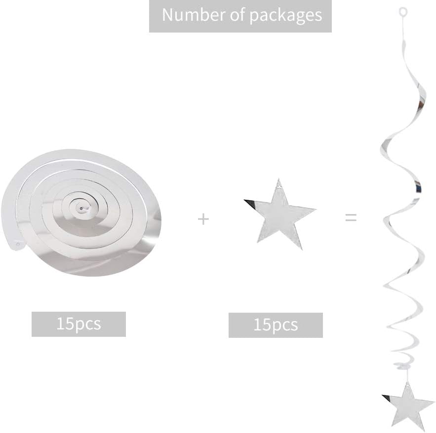 Silver Star Hanging Swirl Decorations,Hanging Silver Party Supplies for Graduation Wedding Baby Shower Decorations, Pack of 15 โ image 2