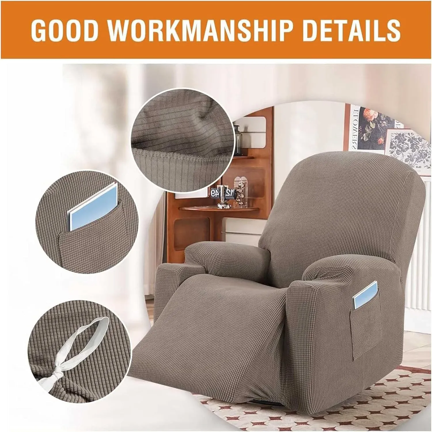 Recliner Slipcover High Stretch Jacquard Fabric with Side Pocket for Standard Power Lift Recliner Chair Brown, Letter G Option โ image 4