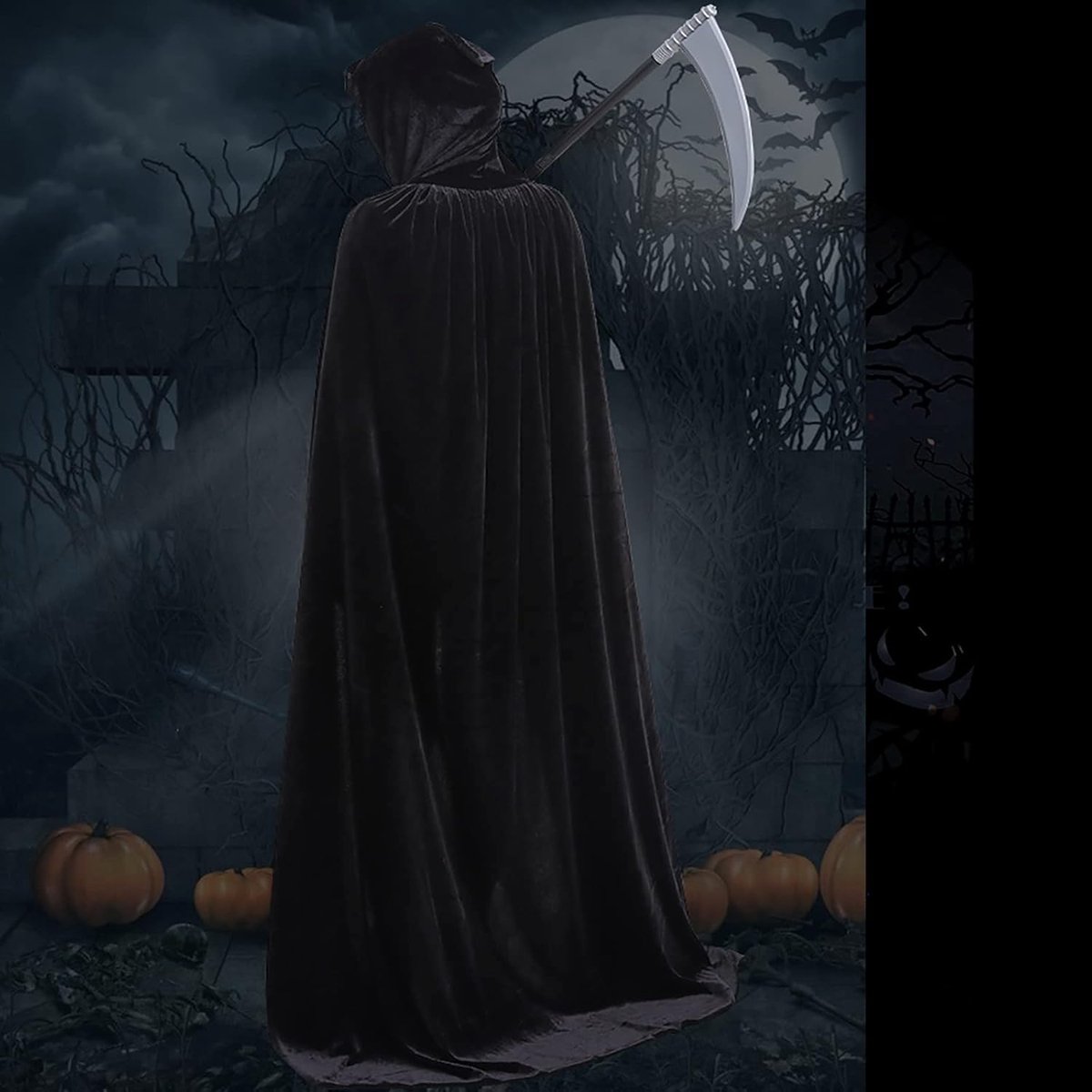 Luxury Black Hooded Coat - 170cm / XXL - Carnival Halloween Costume - Black Velour Coat - Hat - Adults - Dress Up - Costume Cape - Gothic - Fantasy - Halloween — image 2