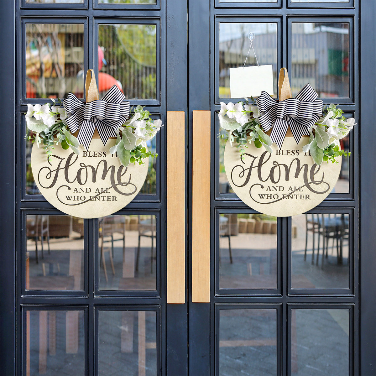 Rustic Wooden Door Hanger – "Bless This Home and All Who Enter" Round Sign with Artificial Flowers & Striped Bow for Front Door, Porch, or Entryway Decor — image 3