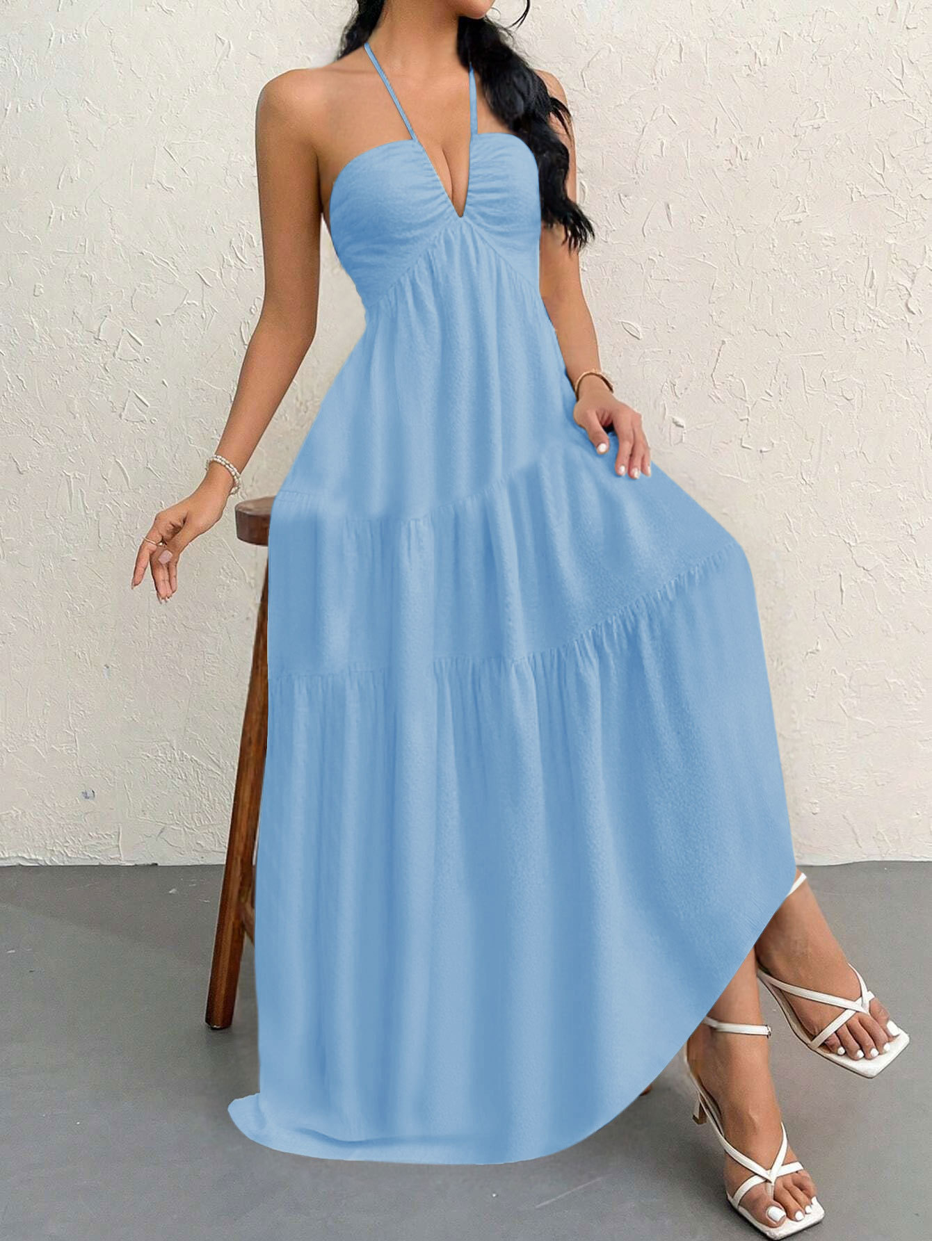 Blue XL Size Women's Elegant Halter Maxi Dress Summer Backless V-Neck Sleeveless Long Beach Resort Gown โ image 3