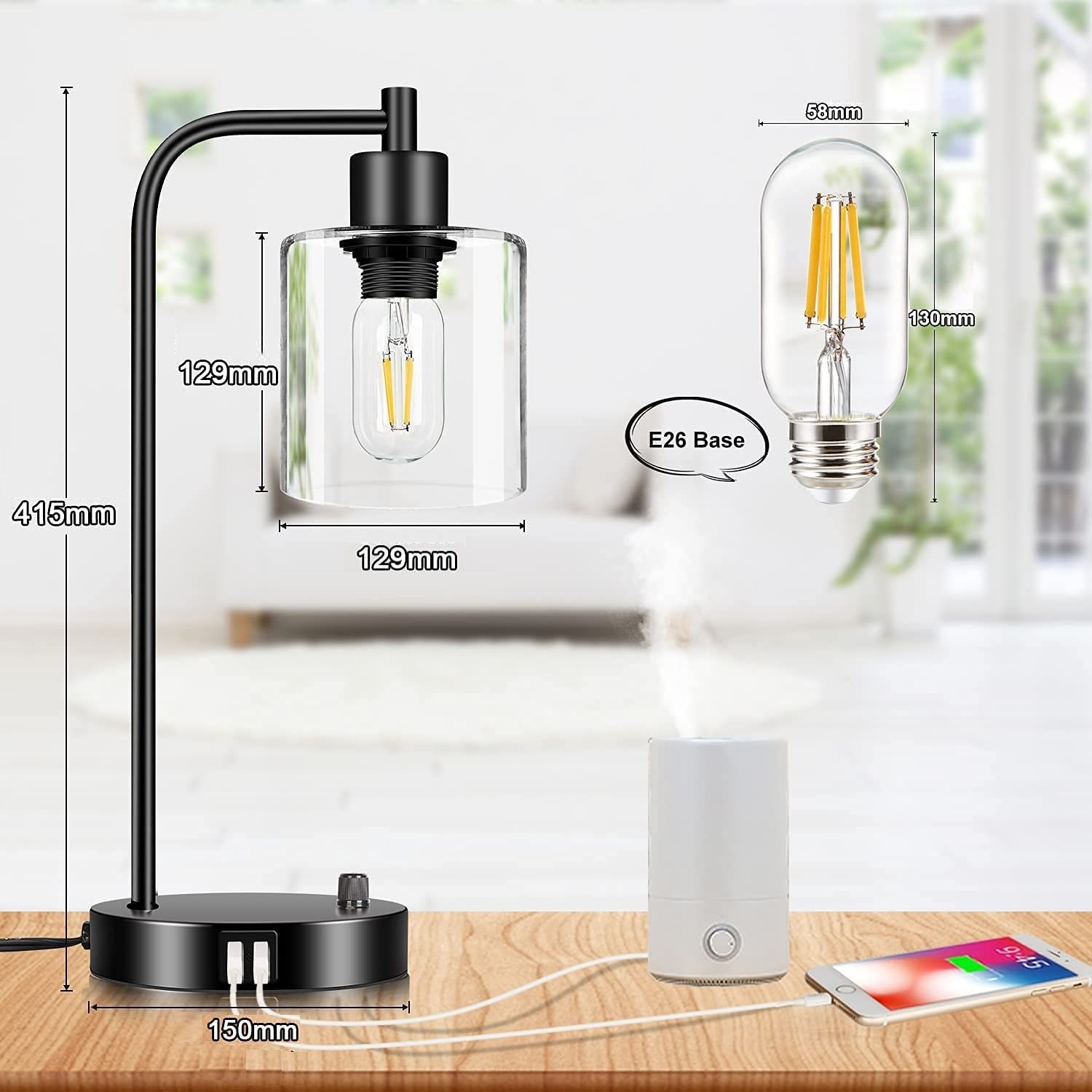 2x Pack Industrial Table Lamp with 2 USB Port for Bedside Nightstand Desk and Living Room Office (Bulb not Included) โ image 5