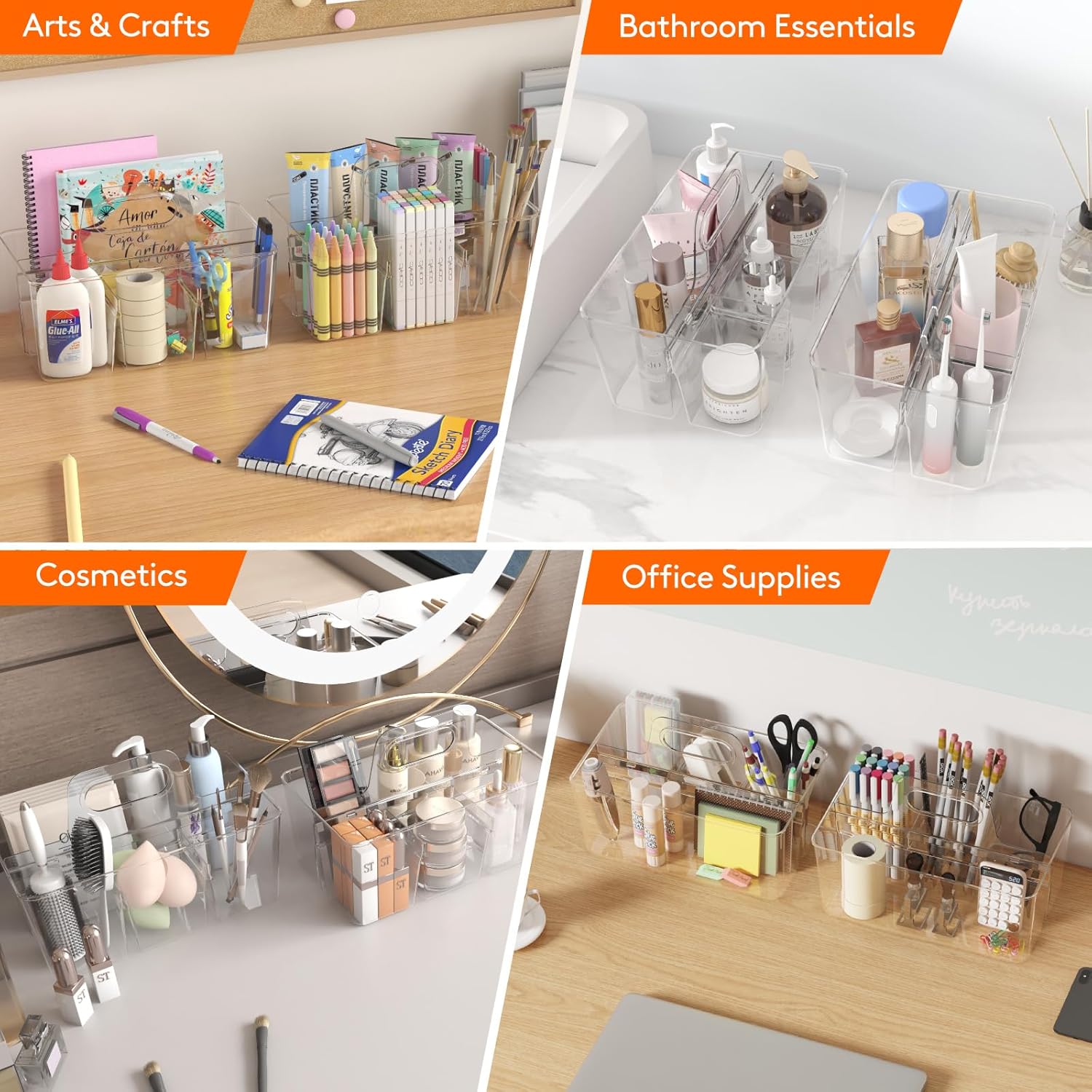2 Pcs Plastic Caddy Organizer with Handle, Portable Art Supply Storage for Craft Supplies, Cosmetics, Holds Pencil, Crayon, Brhes, Hair Product, Dorm Shower — image 4