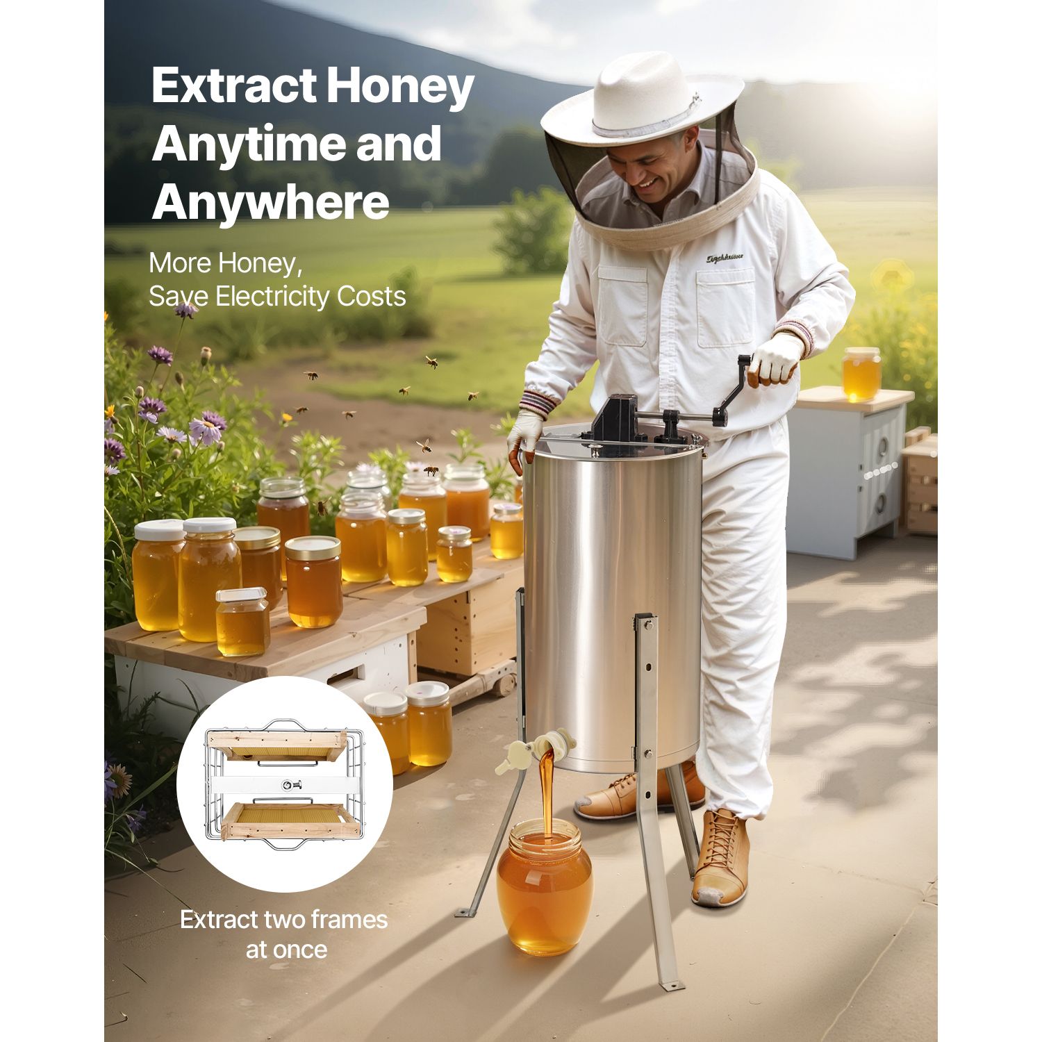 Honey Extractor, 2 Frame Manual Honey Spinner with Transparent Lid, Stainless Steel Honeycomb Drum Spinner with Height Adjustable Stand, Honeycomb Extraction — image 2