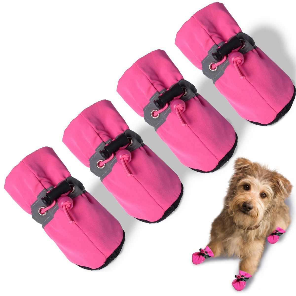4PCS Dog Boots Paw Protector, Anti-Slip Winter Dog Shoes with Reflective Straps for Small Medium Dogs - Pink - Size 5