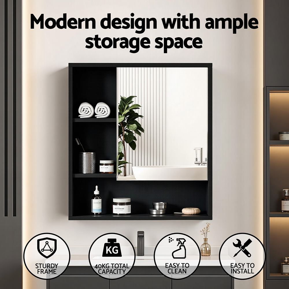 Cefito Bathroom Mirror Cabinet Mirrored Medicine Adjustable Shelf Wall Mounted 560mm Black — image 4