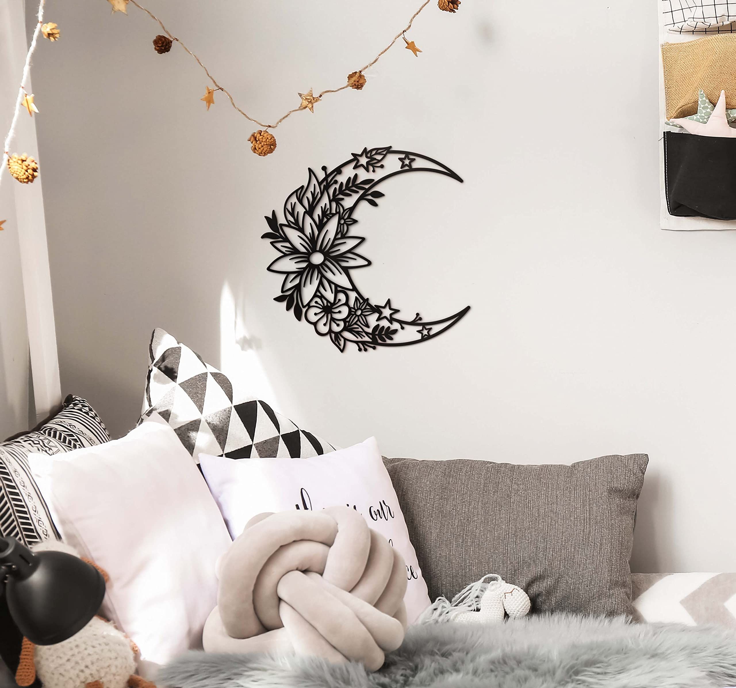 Moon Metal Floral Art Decor - Black Large Floral Moon and Star Phase Wall signs for Half Moon Flower Sculpture Hanging Wall โ image 3