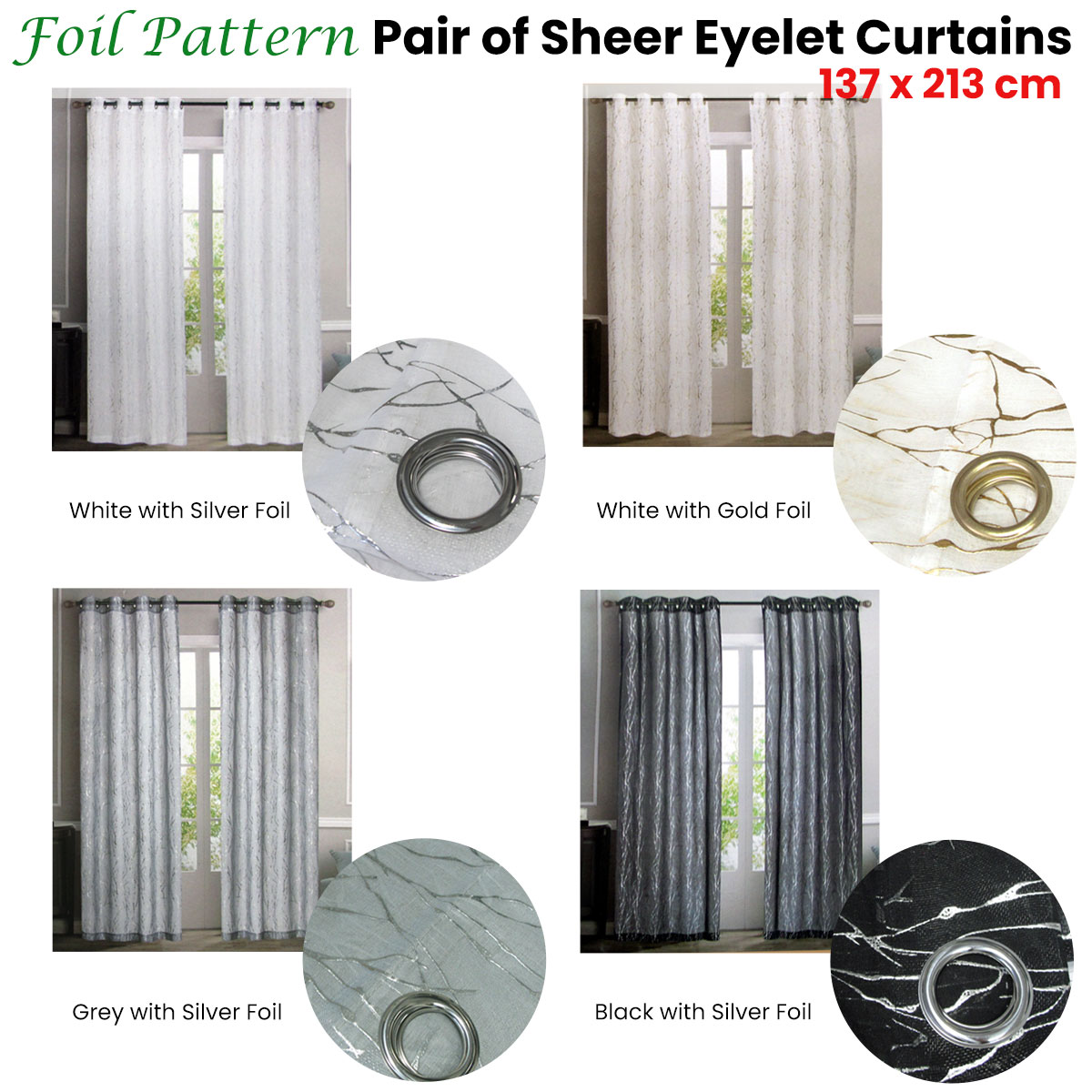 Pair of Sheer Eyelet Curtains White with Gold Foils 137 x 213 cm โ image 2