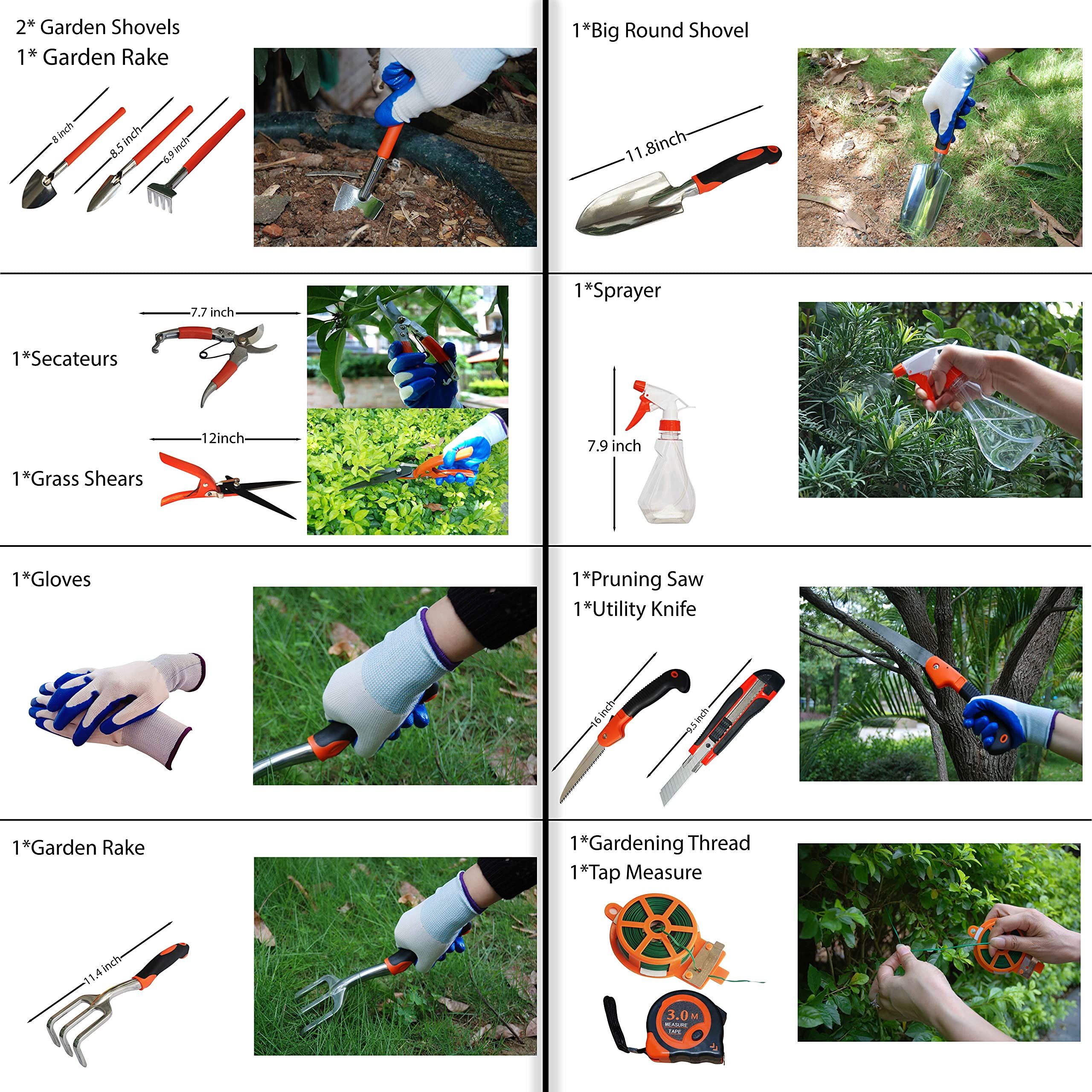 Garden Tools Set - 13 Pieces Heavy Duty Ergonomic Handle Gardening Tools with Carrying Case, Rake, Shovel, Sprayer, Pruning Saw — image 3