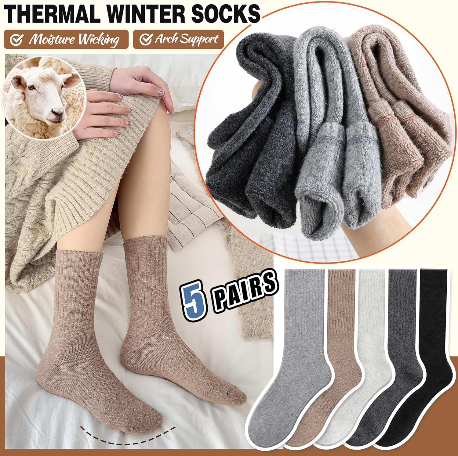 Merino Wool Socks for Women Hiking Thermal Warm Winter Thick Boot Cozy Crew Comfy Work Socks for Ladies 5 Pairs — image 3