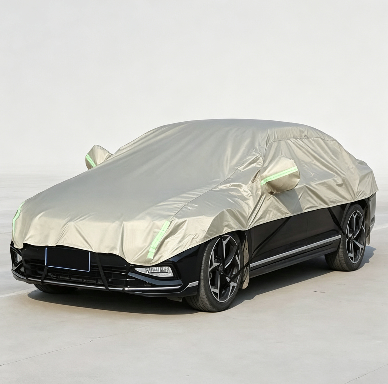 Half Car Cover Sedan with Green Reflective Strip,All Weather Car Body Cover for Sun, Rain, Dust(Fit medium sedans,medium SUVs Length 4.5m to 5.2m)-Sand gold