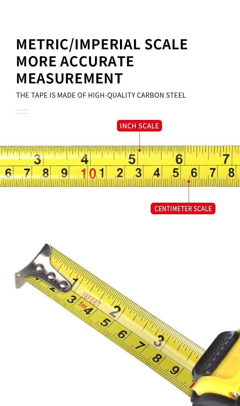 5M Heavy Duty Steel Tape Measure - Metric & Imperial Dual Scale - High Carbon Steel Blade, Anti-Slip ABS+TPR Casing, Push-Button Lock, Wear-Resistant for — image 5