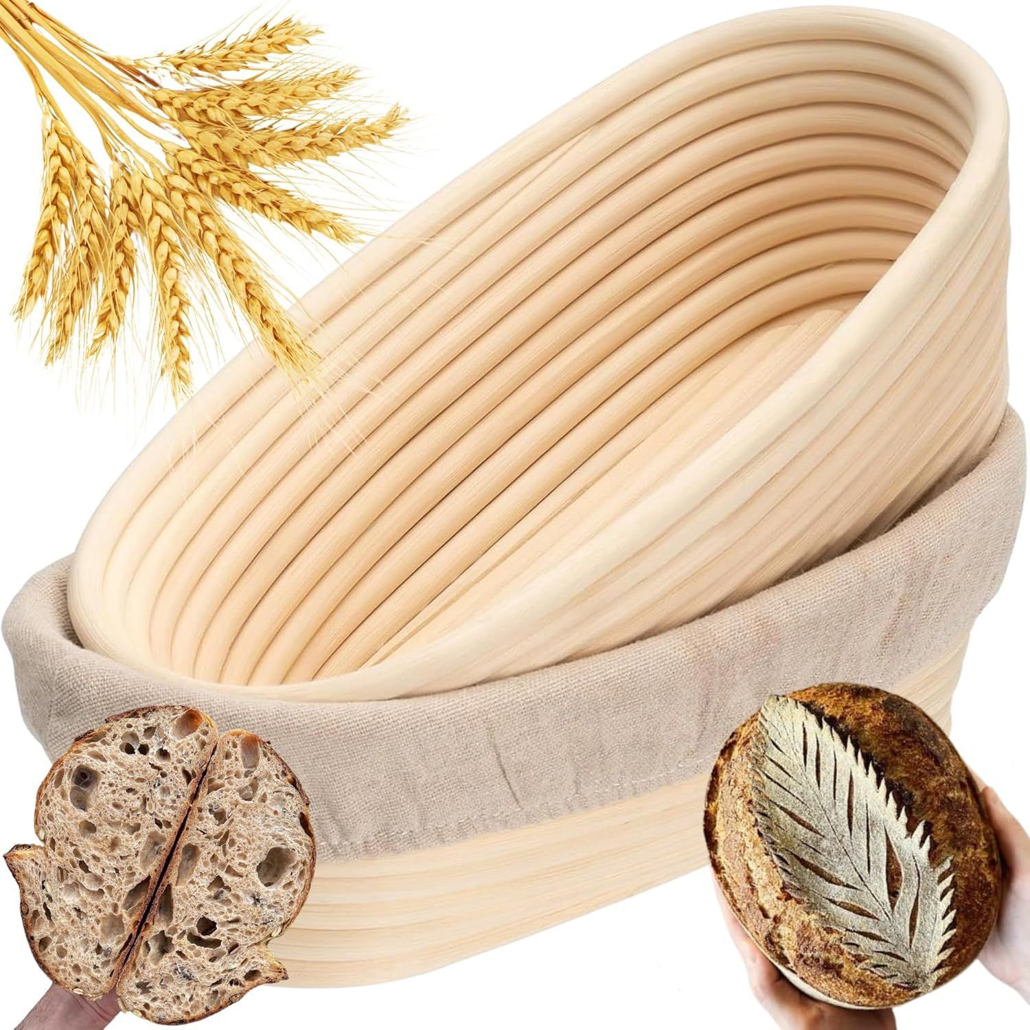Proofing Basket - Bread Baking - Banneton | 21 × 15 × 8cm - Bread Proofing Basket - Oval Proofing Basket - Rattan Bread Pan - Dough Basket - incl. Dough Linen