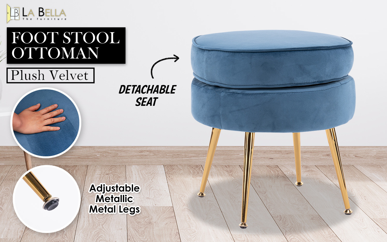 Ottoman Foot Stool Velvet Fabric Metal Leg Round NAVY BLUE โ image 2