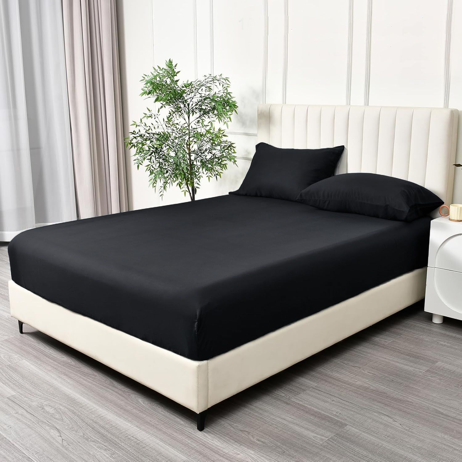 3 Piece Fitted Sheet Set- Fitted Sheet & Pillowcases -Breathable Bedding - Wrinkle, Fade, Stain Resistant- 40cm Deep Pocket Fitted Bed Sheet Set(Black,Double) — image 2