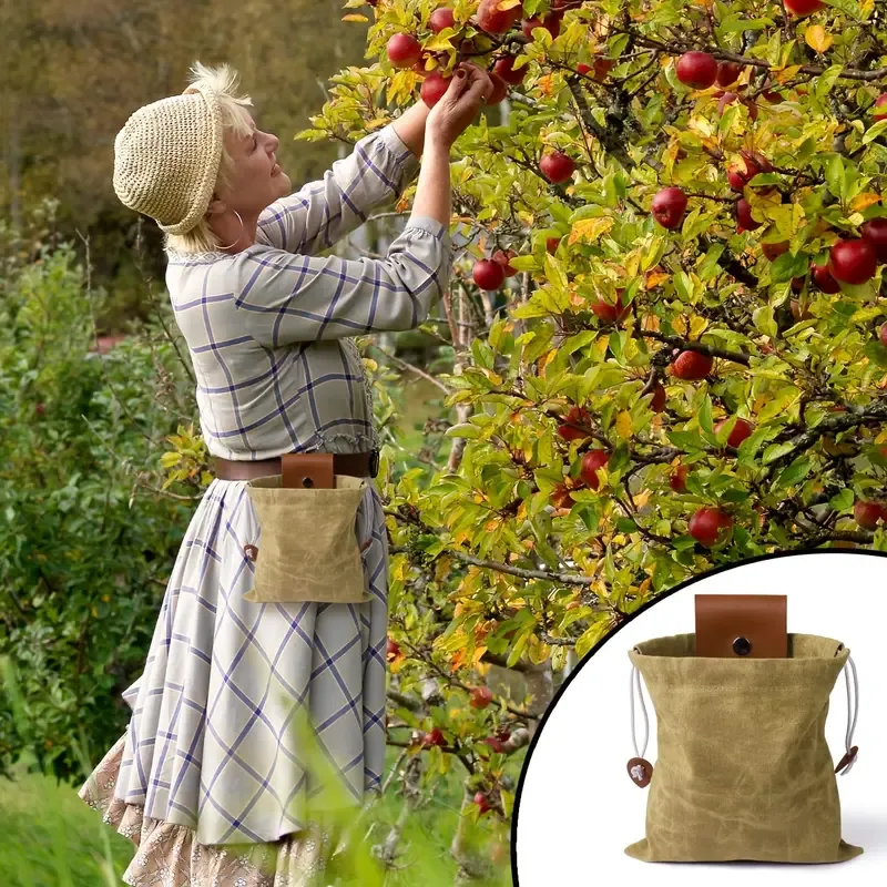 Canvas Foraging Bag Outdoor Fruit Picking Pouch Waist Pack Bushcraft Tool Bag PU Leather Lightweight Foldable Organizer/green โ image 2