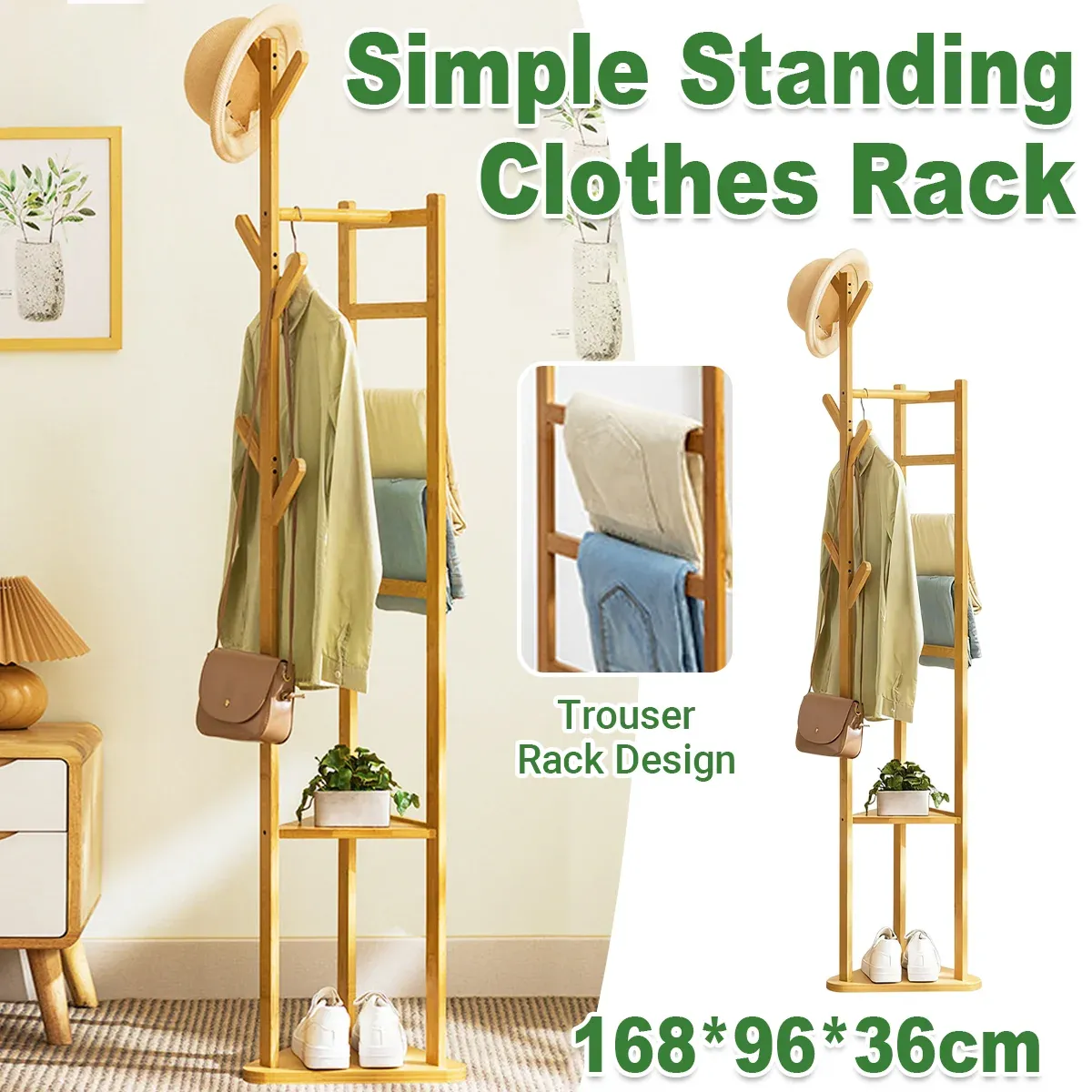 Simple Bamboo Standing Clothes Rack with 6Hooks Freestanding Garment Organizer