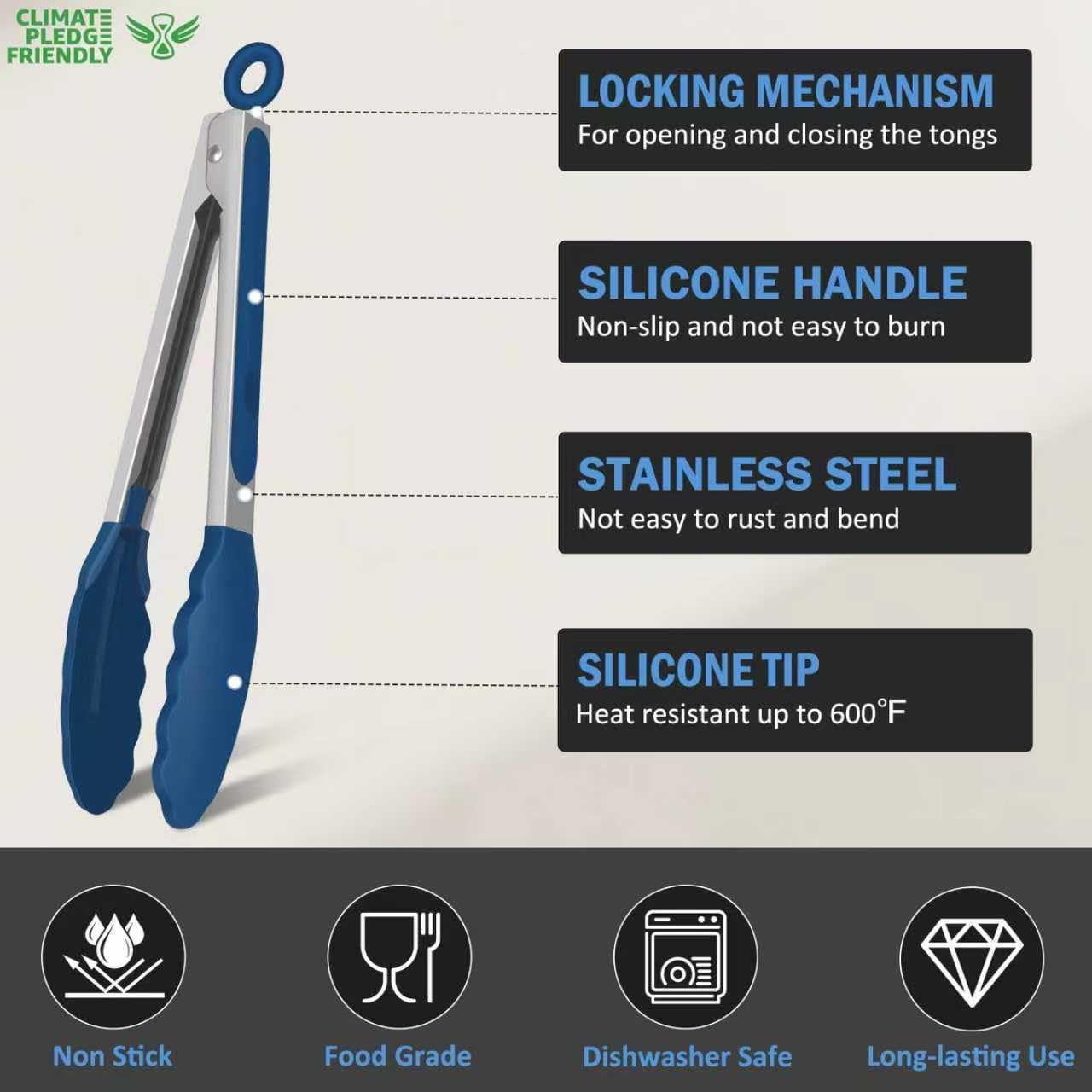 Tongs for Cooking, 600ºF High Heat-Resistant Stainless Steel Kitchen Tongs with Silicone Tips, Non Scratch, Locking Tong for BBQ Grilling Air Fryer Food — image 3