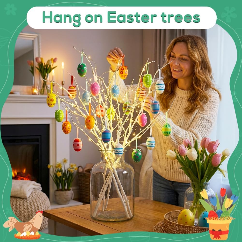 24PCS Hanging Easter Eggs – Reusable Plastic Easter Egg Decorations for Tree Ornaments, Basket, Party & Home Decor (5g Each, 4cm x 6cm) — image 3