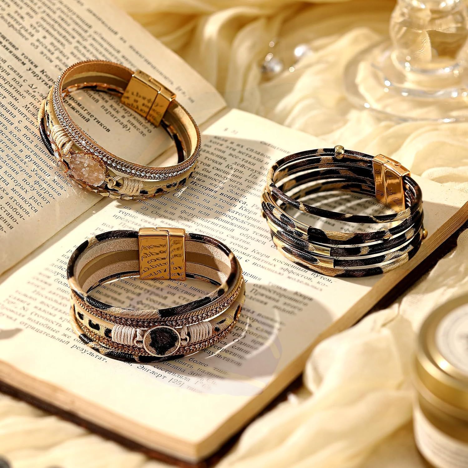 3 Pcs Western Bracelet for Women Leather Multi Layer Wrap Bracelet Western Boho Crystal Beads Cuff Jewelry โ image 3