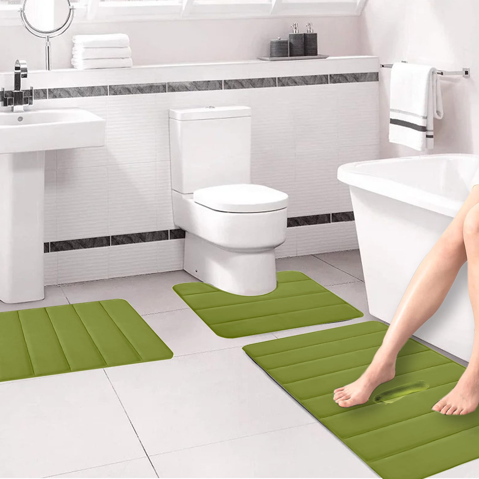Memory Foam Toilet Rug, Non-Slip Bathroom Rugs, Toilet Rugs U Shaped Washable, Commode Contour Rug, Soft Comfortable Super Water Absorption #3_Green β image 4