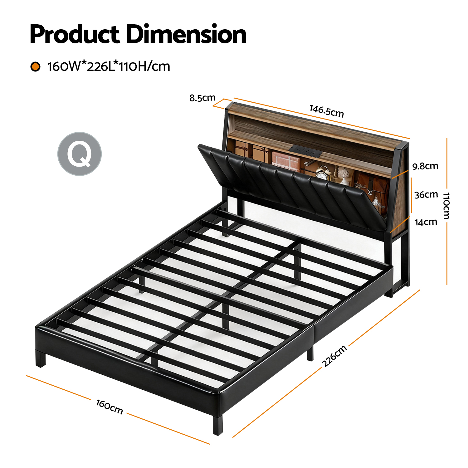 Artiss Queen Bed Frame LED Storage Headboard with Charging Station Black — image 3