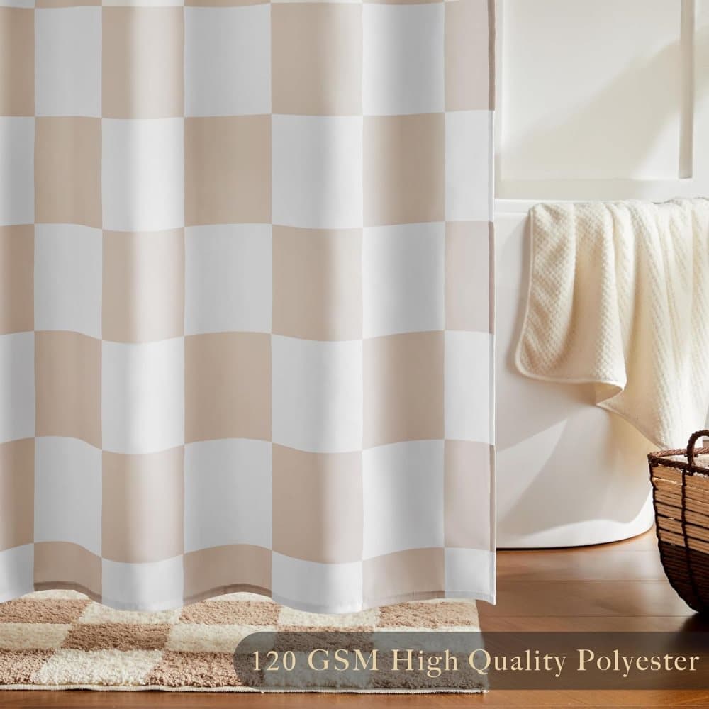 Checkered Shower Curtain 180x180 cm, Retro Chess Pattern Vintage Bathroom Decor, Beige — image 4