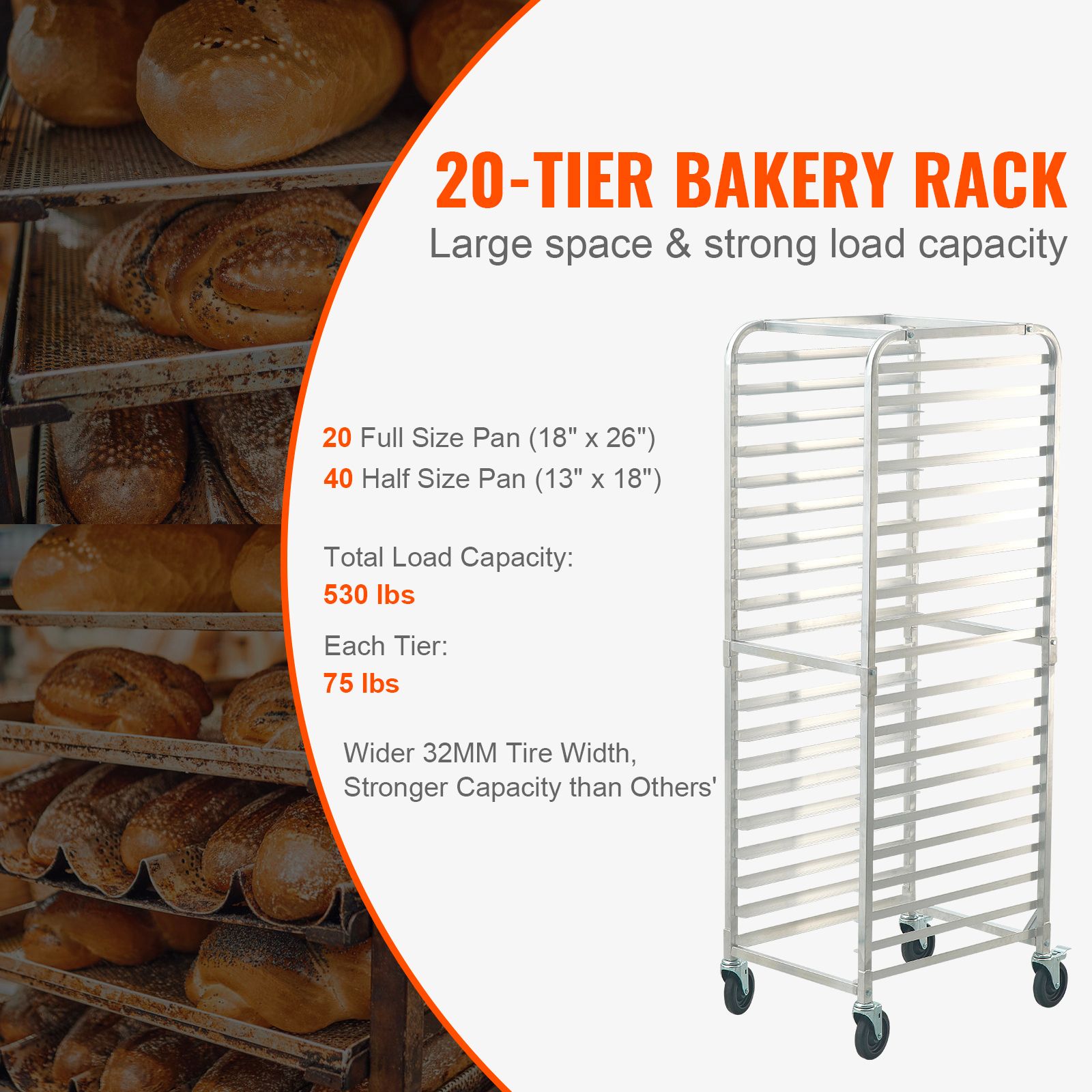 Bun Pan Rack, 20-Tier Commercial Bakery Racks with Brake Wheels, Aluminum Racking Trolley Storage for Half & Full Sheet, Speed Rack For Kitchen Home, Bread — image 3