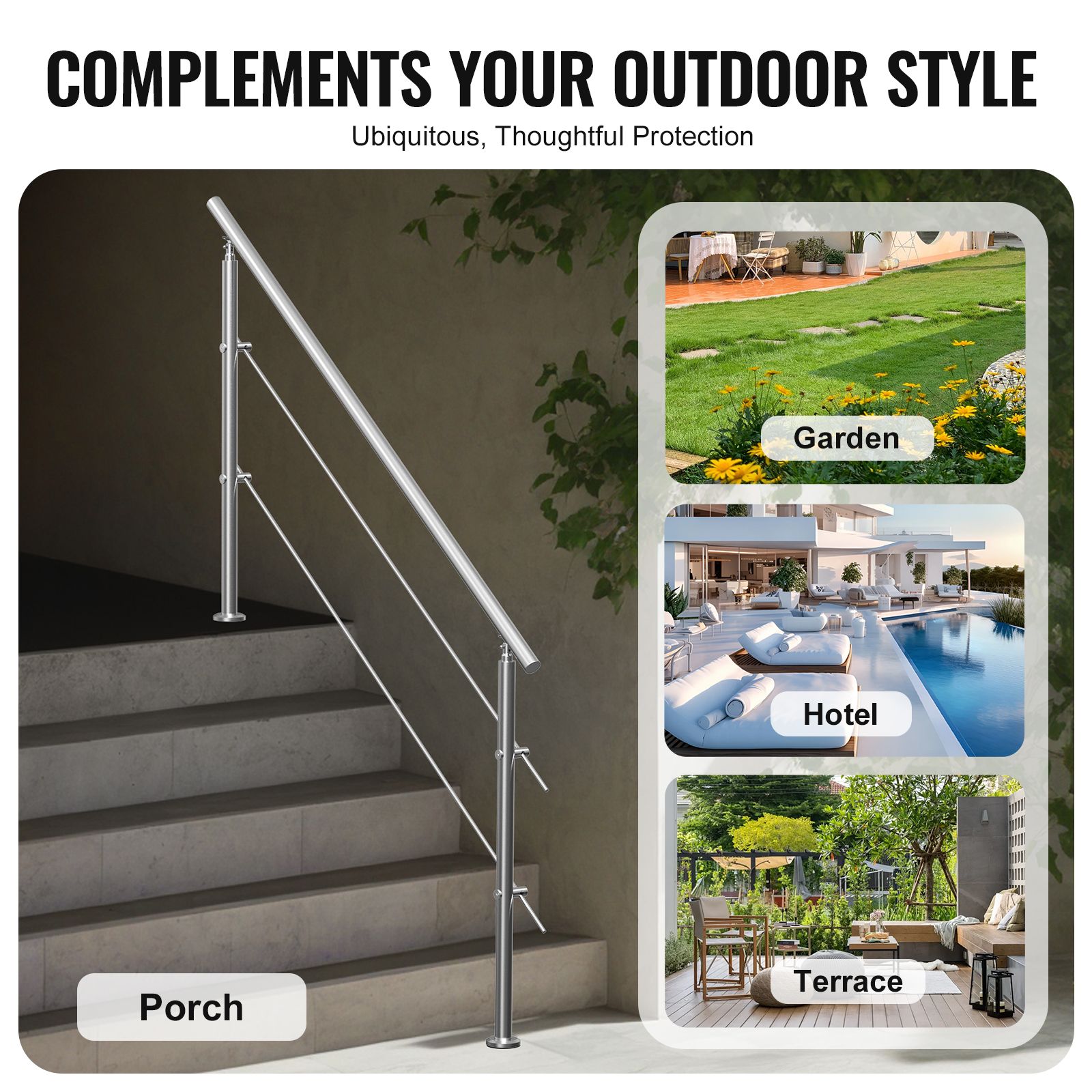 Handrails for Outdoor Steps, 70.9in Length 2 Crossbars Stair Hand Rail Kit, Transitional Stainless Steel Railings w/ Installation Kit, Double-column โ image 6