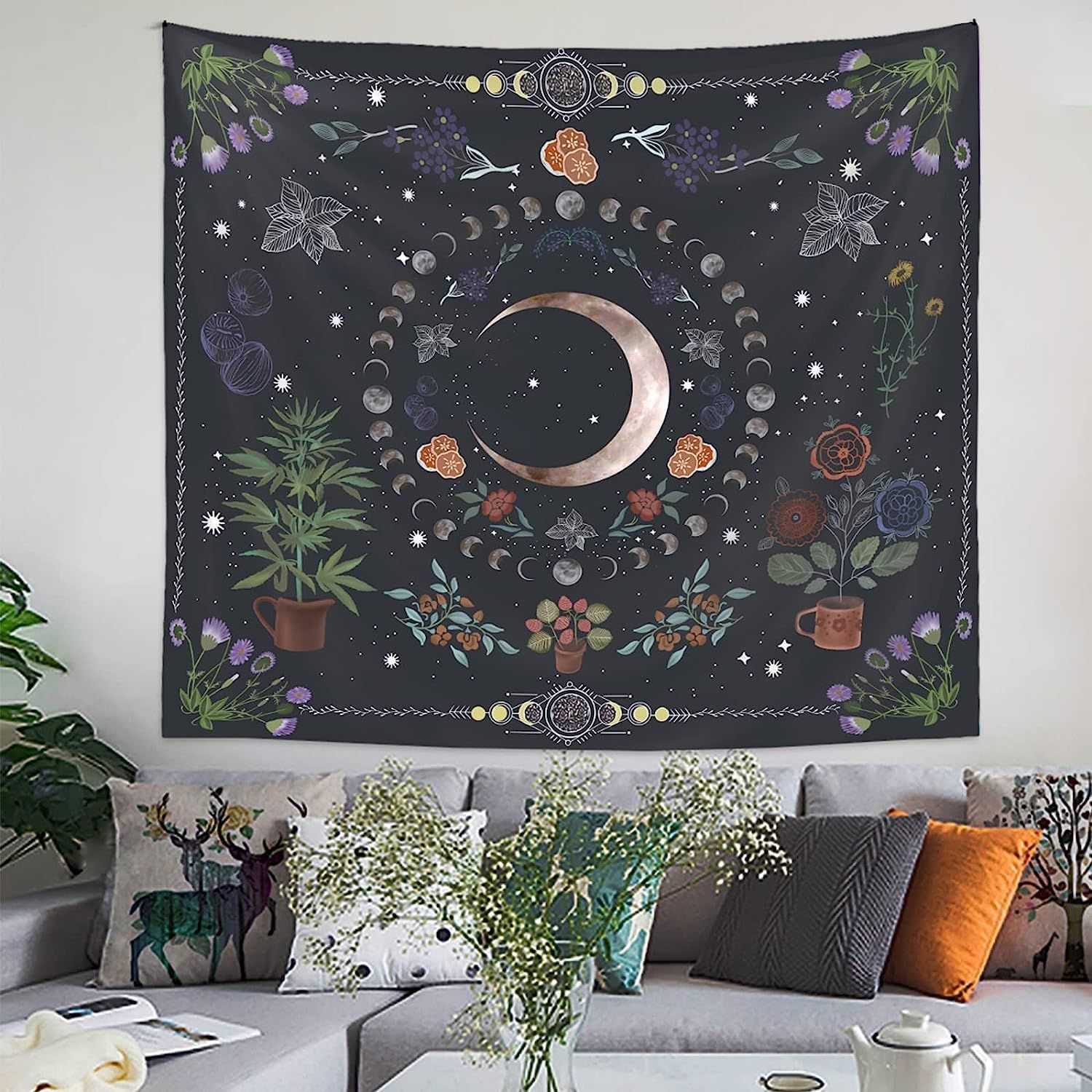 Plant Tapestry, Nature Moon Phase Tapestry Wall Hanging, Bohemian Mandala Tapestry Aesthetic Bedroom Decor โ image 5