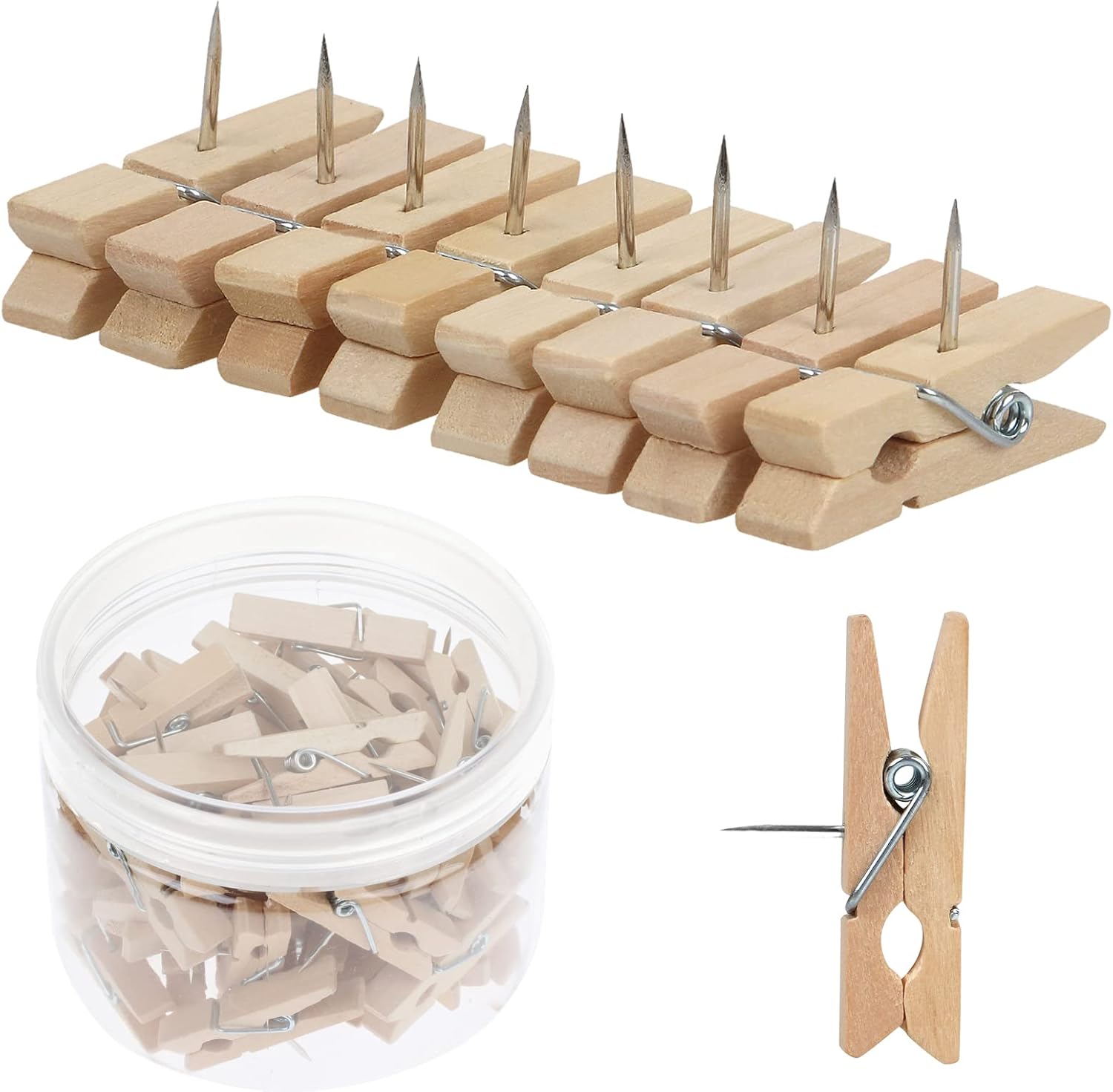 50 PCS Push Pin with Wooden Clips, Durable Pins, Decorative Pushpins Tacks Thumbtacks, for Cork Board Artworks Notes Photos, Craft Projects, Offices and Homes