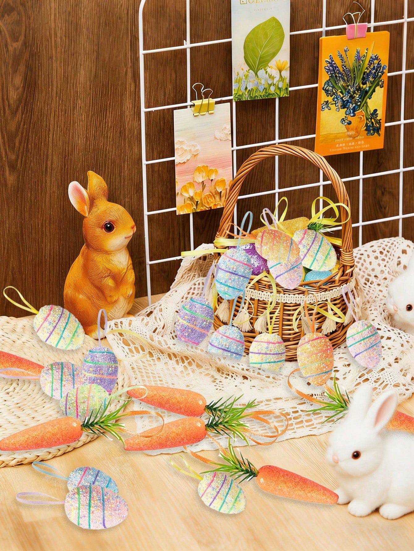 12Pcs Easter Egg+6Pcs Carrot Hanging Ornaments – Colorful Foam Glitter Eggs & Carrots, Easter Tree Decorations, DIY Crafts for Home Party, Spring Easter Decor — image 4
