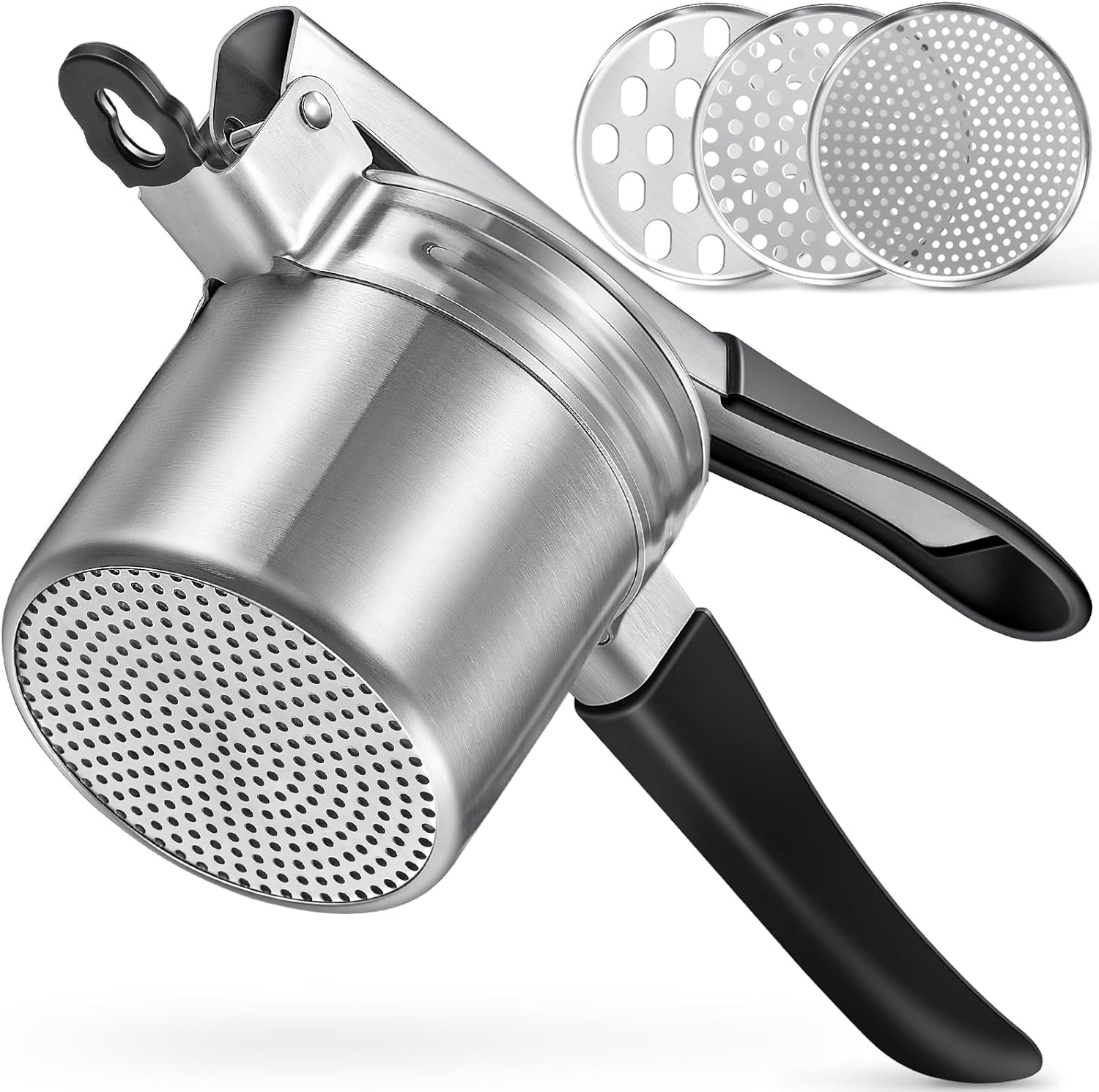 Potato Ricer, Upgraded Stainless Steel Potato Masher with 3 Interchangeable Discs, Heavy Duty Kitchen Tool Gadget