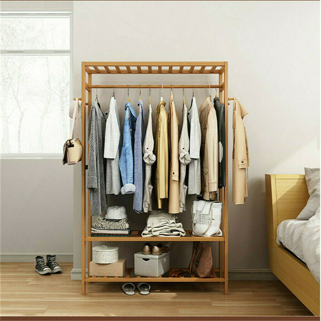 3-Tier Wooden Clothes Rack Rolling Garment Stand w/ Hooks — image 2