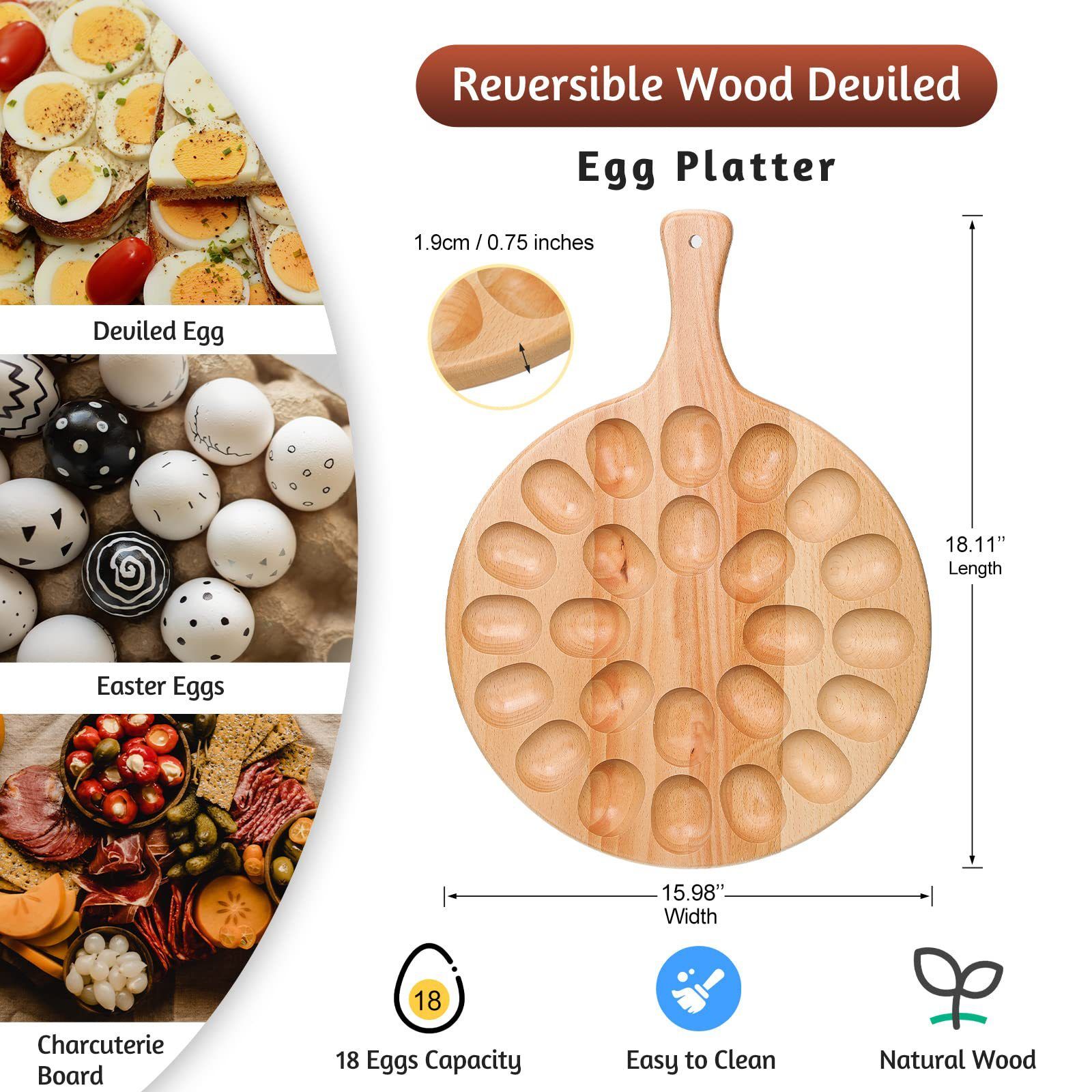 Reversible Wood Deviled Egg Platter and Charcuterie Board Thicken Egg Tray Countertop Refrigerator Chicken Egg Containers — image 3