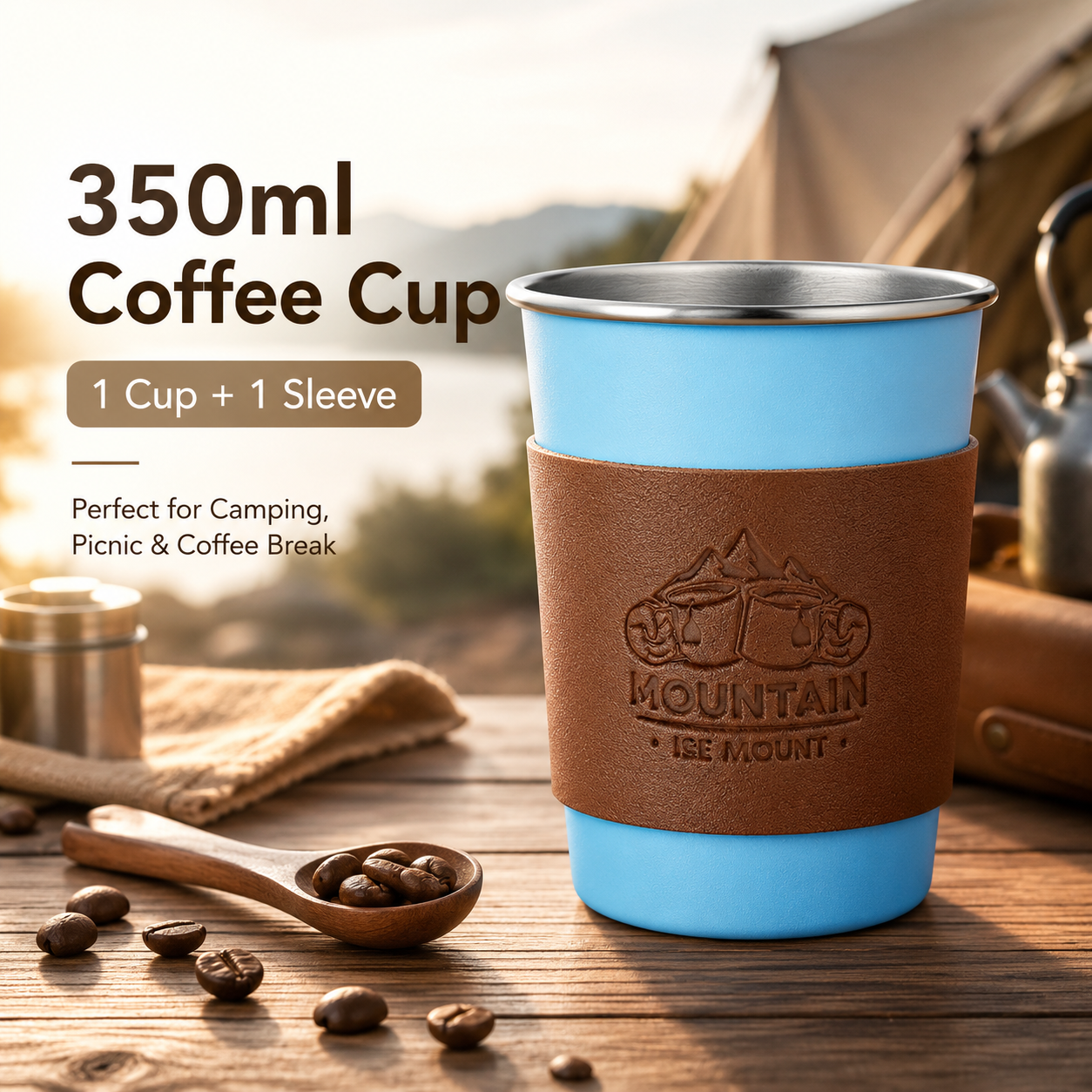 Blue 304 Stainless Steel Camping Coffee Cup with Leather Sleeve โ 350ml Portable Outdoor Drinking Cup, Beer Cup, Travel Mug for Camping, Hiking, Picnic and