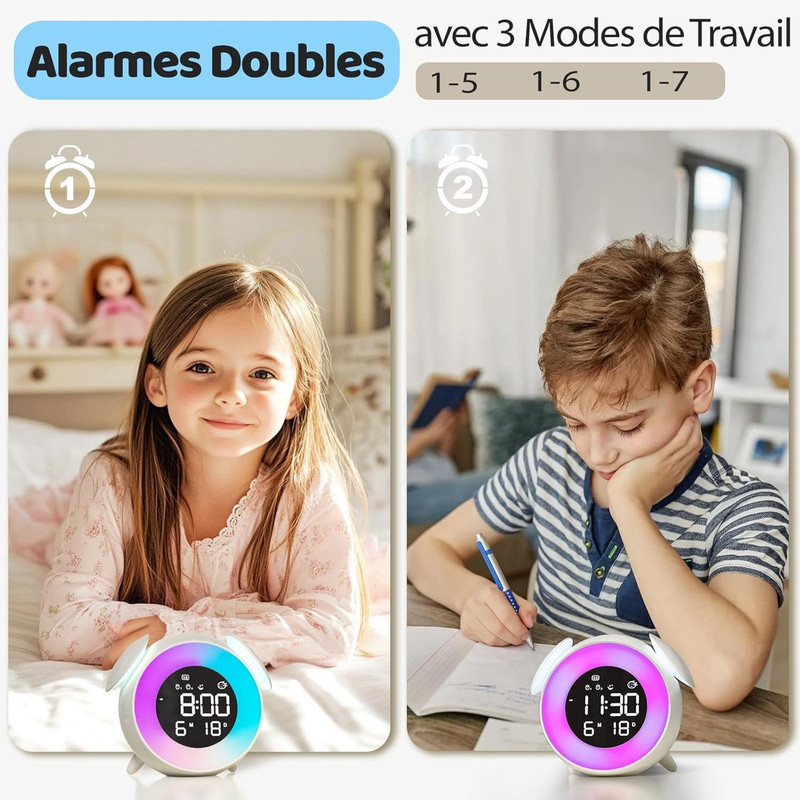 Children's alarm clock, educational day/night alarm clock with 15-color night light, snooze function, 2 alarms, weekday/weekend mode, digital alarm clock for — image 2