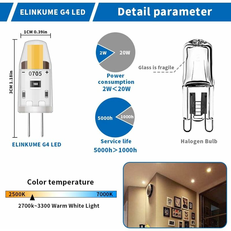 LED G4 Dimmable Light Bulbs,3W Equivalent 30W Halogen Lamp,95Lm Warm White Energy Saving Bulb,No Flicker,Dc 12V,G4 โ image 3
