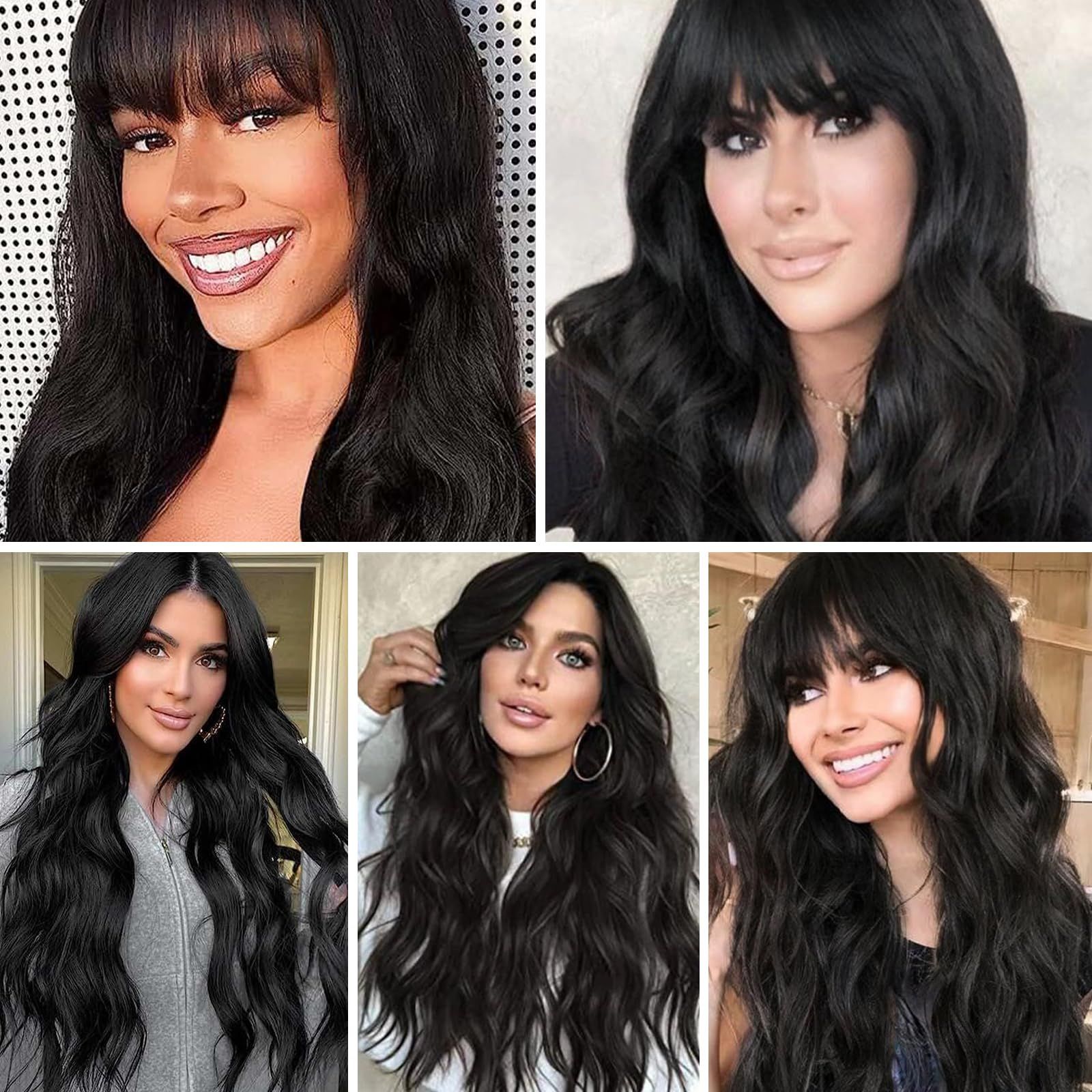 Black Wig with Bangs for Women Long Wavy Hair Wig Black Wig Curly Wavy Synthetic Wigs for Girls Daily Party Use — image 4