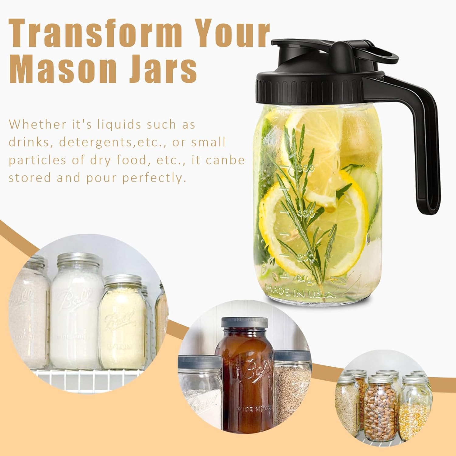 Mason Jar Pour Spout Lid for Wide Mouth Mason Jars, Mason Jar Pitcher Flip Cap Airtight Handle Lid, Leak Proof Seal Cover, Pack of 2 — image 6