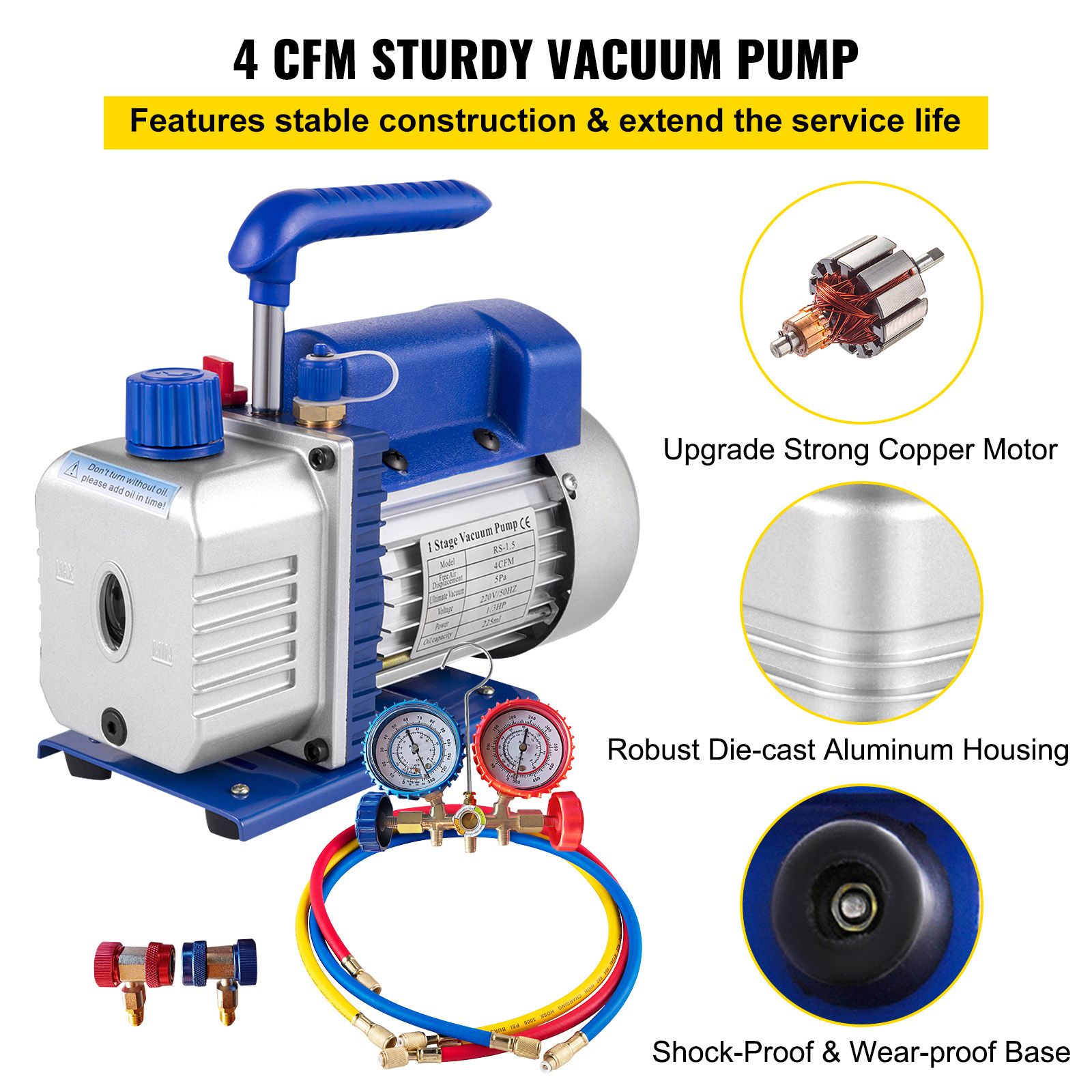 4CFM 1/4HP Rotary Vane Vacuum Pump + R134AManifold Gauge Tester Charging +Hose — image 3
