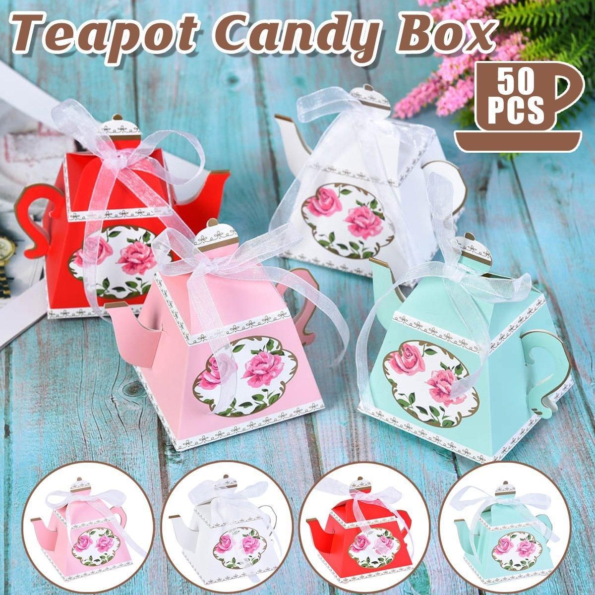 50Pcs Teapot Candy Boxes Wedding Favor Gift Packaging Tea Party Decorations - White — image 2