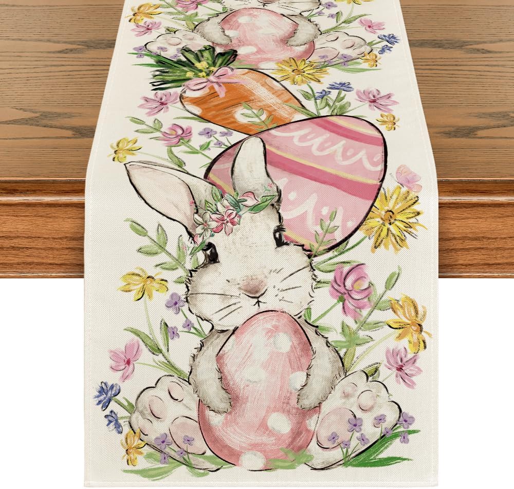 Bunny Rabbit Egg Flower Easter Table Runner, Seasonal Spring Kitchen Dining Table Decoration for Home Party Decor 13 × 72 Inch