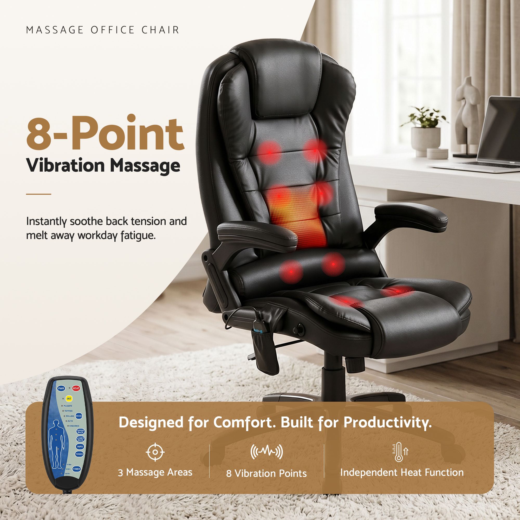 Artiss 8 Point Massage Office Chair Heated Seat Recliner PU Black — image 4